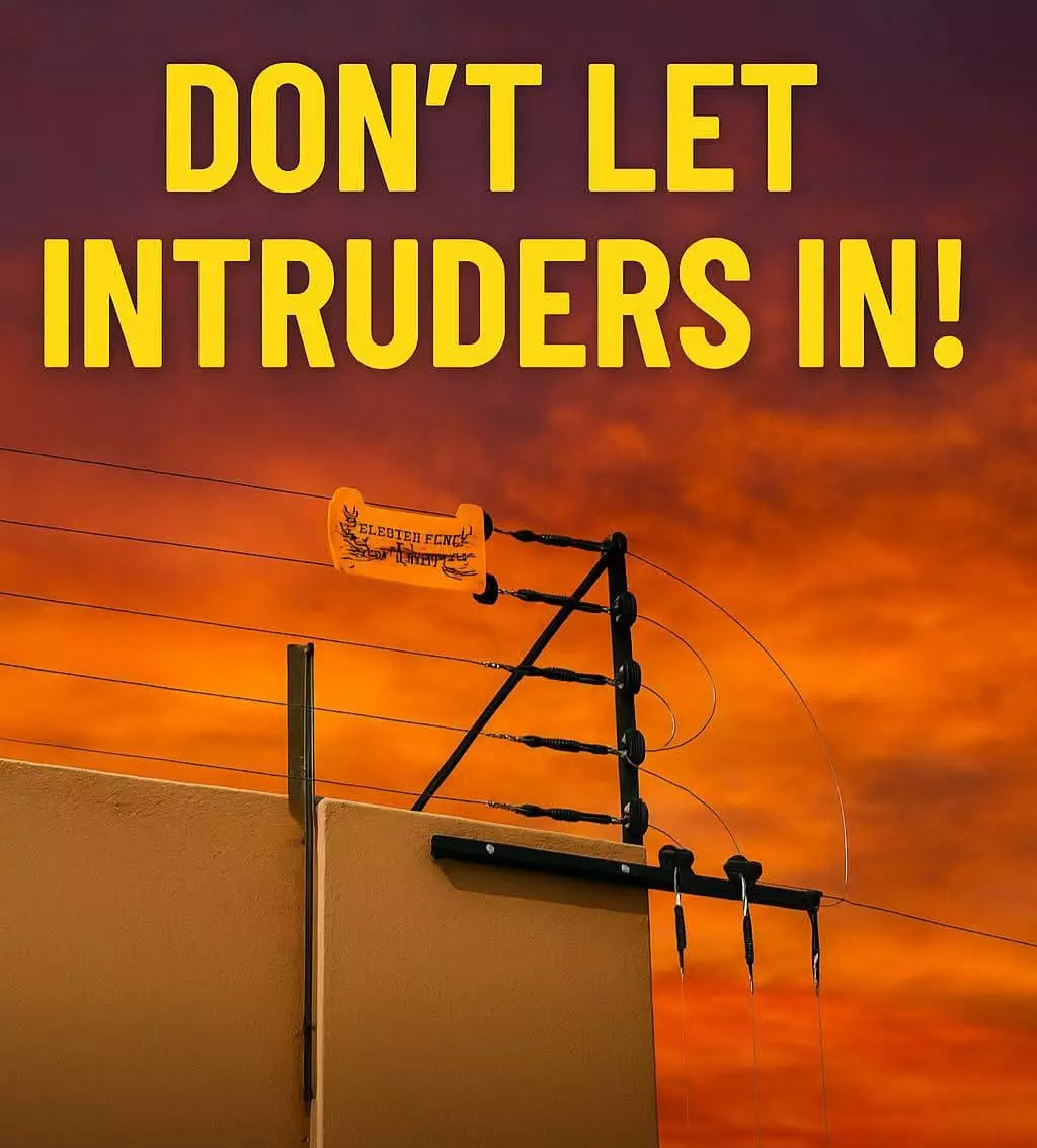 Electric security fence on a wall at sunset with bold text
