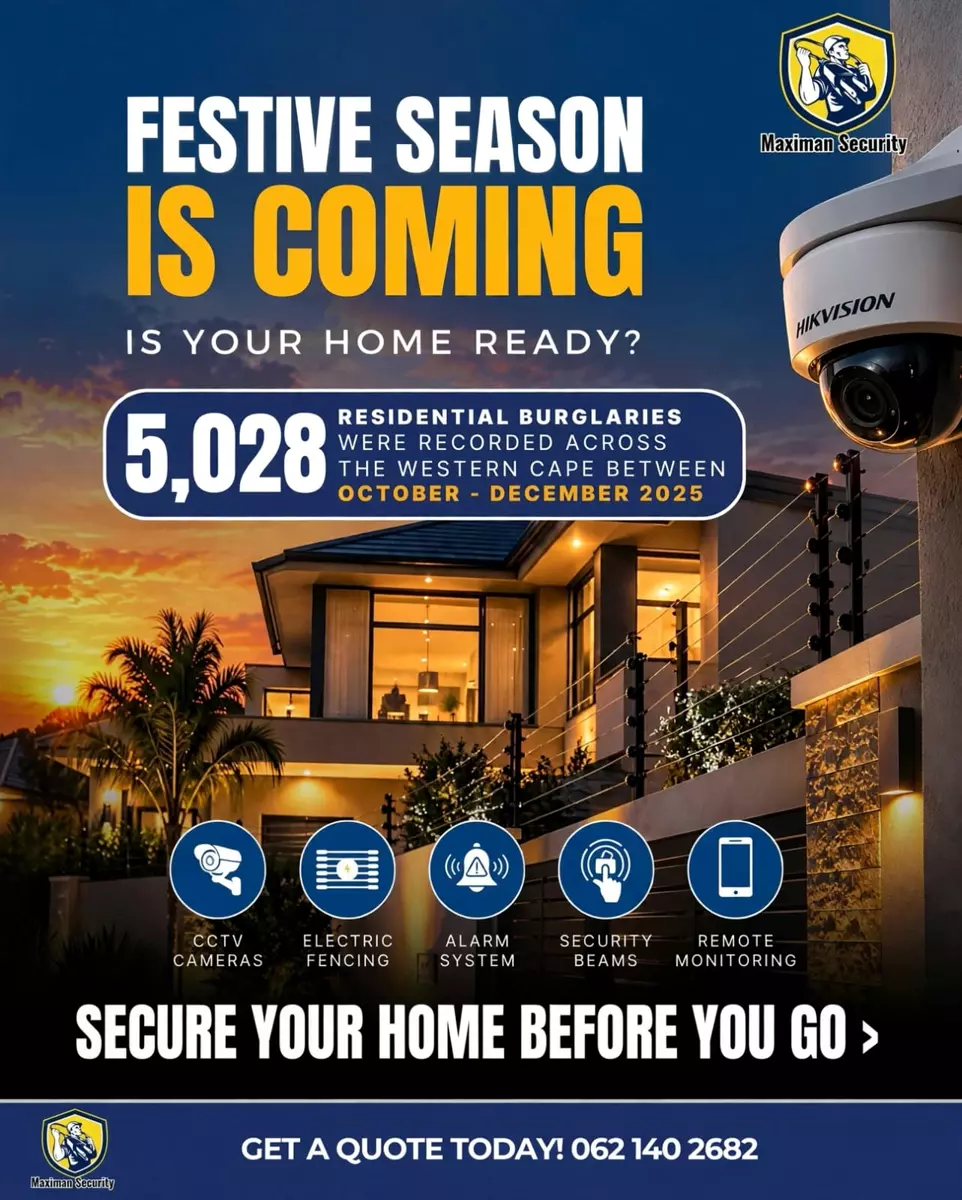 Security promotional flyer with a modern home, CCTV camera and security service details